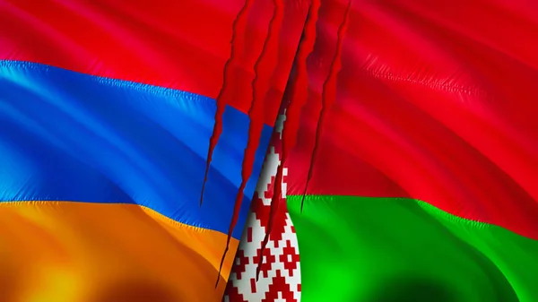 Armenia Bielorrusia Banderas Con Concepto Cicatriz Bandera Ondeante Representación Armenia — Foto de Stock