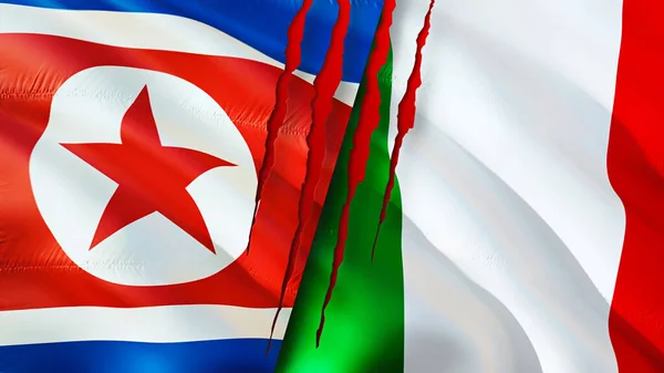 North Korea and Italy flags with scar concept. Waving flag,3D rendering. North Korea and Italy conflict concept. North Korea Italy relations concept. flag of North Korea and Italy crisis,war, attac