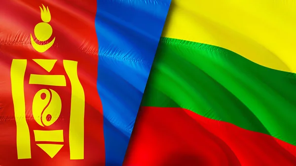Mongolia and Lithuania flags. 3D Waving flag design. Mongolia Lithuania flag, picture, wallpaper. Mongolia vs Lithuania image,3D rendering. Mongolia Lithuania relations alliance an