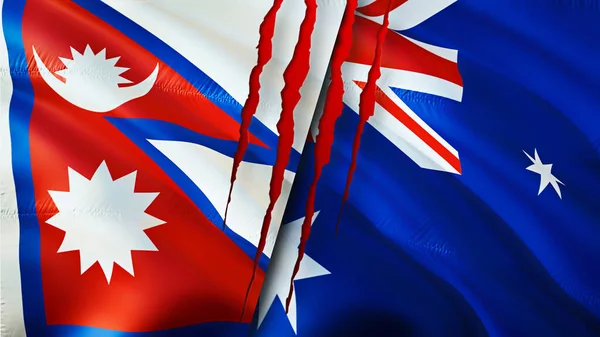 Nepal and Australia flags with scar concept. Waving flag,3D rendering. Nepal and Australia conflict concept. Nepal Australia relations concept. flag of Nepal and Australia crisis,war, attack concep