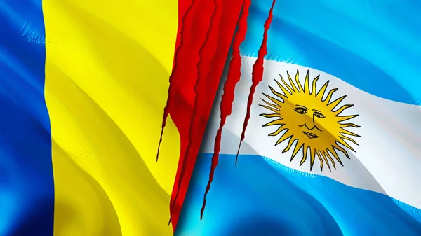 Romania and Argentina flags with scar concept. Waving flag,3D rendering. Romania and Argentina conflict concept. Romania Argentina relations concept. flag of Romania and Argentina crisis,war, attac