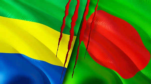 Flagi Gabonu Bangladeszu Blizną Machanie Flagą Renderowanie Koncepcja Konfliktu Gabonie — Zdjęcie stockowe