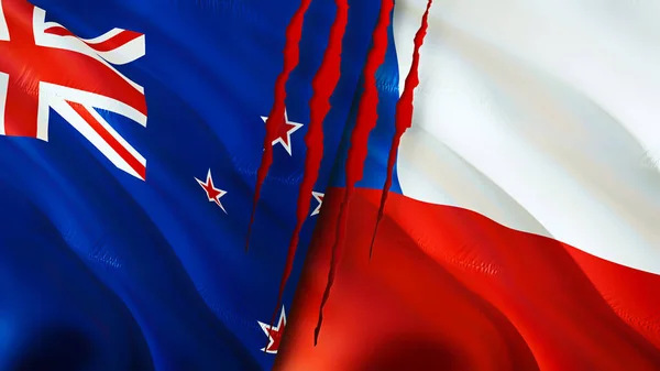 New Zealand and Chile flags with scar concept. Waving flag 3D rendering. New Zealand and Chile conflict concept. New Zealand Chile relations concept. flag of New Zealand and Chile crisis,war, attac
