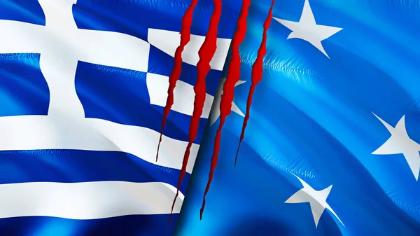 Греція Мікронезія Прапори Поняттям Шрамів Прапор Рендеринг Греція Мікронезія Конфліктують — стокове фото