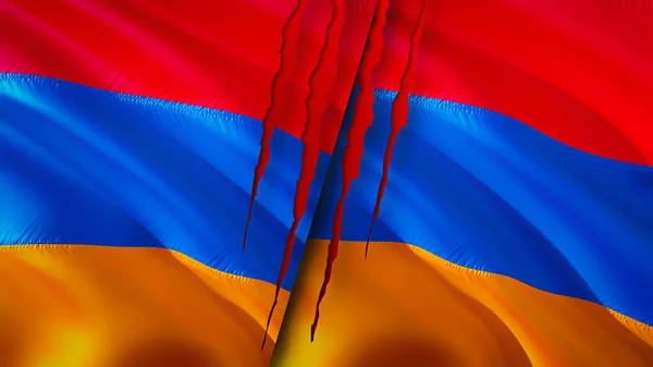 亚美尼亚和亚美尼亚的国旗带有伤疤概念 飘扬的旗帜 3D渲染 亚美尼亚和亚美尼亚冲突概念 亚美尼亚关系概念 亚美尼亚国旗危机 — 图库照片