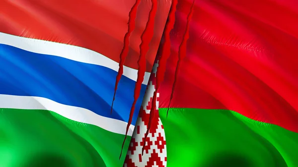 Gambia and Belarus flags with scar concept. Waving flag,3D rendering. Gambia and Belarus conflict concept. Gambia Belarus relations concept. flag of Gambia and Belarus crisis,war, attack concep