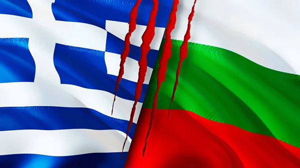Greece and Bulgaria flags with scar concept. Waving flag,3D rendering. Greece and Bulgaria conflict concept. Greece Bulgaria relations concept. flag of Greece and Bulgaria crisis,war, attack concep