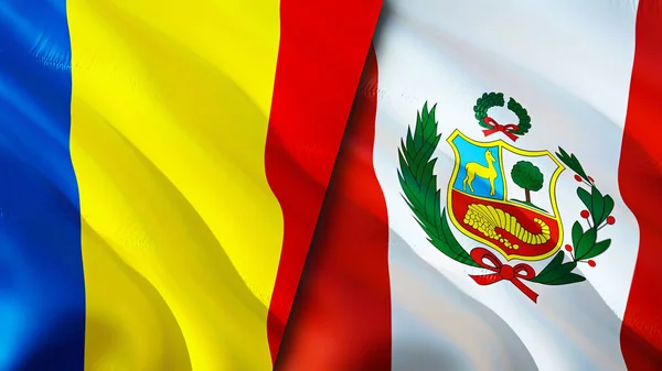 罗马尼亚和秘鲁的国旗 3D波浪旗帜设计 罗马尼亚国旗 罗马尼亚对秘鲁的图像 3D渲染 Romania Peru Relations Alliance Trade — 图库照片