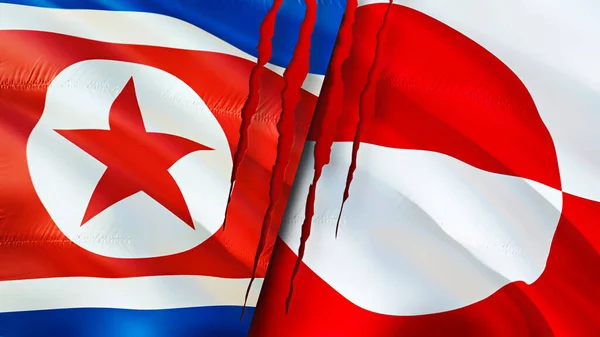 North Korea and USA Greenland with scar concept. Waving flag,3D rendering. North Korea and USA conflict concept. North Korea USA relations concept. flag of North Korea and USA crisis,war, attac