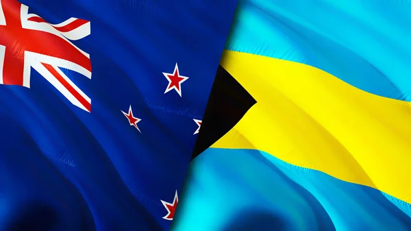 New Zealand and Bahamas flags. 3D Waving flag design. New Zealand Bahamas flag, picture, wallpaper. New Zealand vs Bahamas image,3D rendering. New Zealand Bahamas relations war allianc