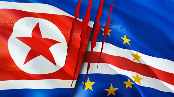North Korea and Cape Verde flags with scar concept. Waving flag,3D rendering. North Korea and Cape Verde conflict concept. North Korea Cape Verde relations concept. flag of North Korea and Cap