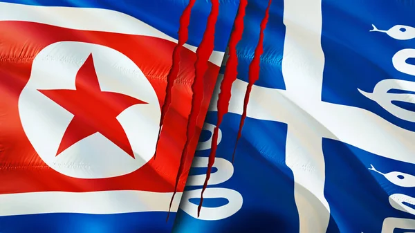 North Korea and Martinique flags with scar concept. Waving flag,3D rendering. North Korea and Martinique conflict concept. North Korea Martinique relations concept. flag of North Korea an