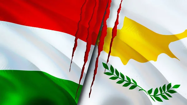 Hungary and Cyprus flags with scar concept. Waving flag,3D rendering. Hungary and Cyprus conflict concept. Hungary Cyprus relations concept. flag of Hungary and Cyprus crisis,war, attack concep