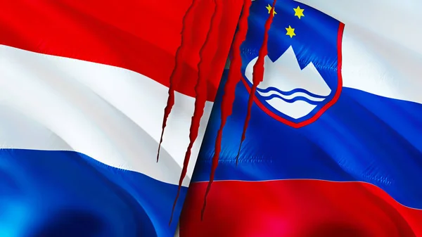 Netherlands and Slovenia flags with scar concept. Waving flag,3D rendering. Netherlands and Slovenia conflict concept. Netherlands Slovenia relations concept. flag of Netherlands and Sloveni