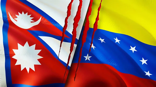 Nepal and Venezuela flags with scar concept. Waving flag,3D rendering. Nepal and Venezuela conflict concept. Nepal Venezuela relations concept. flag of Nepal and Venezuela crisis,war, attack concep