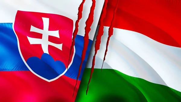 슬로바키아와 헝가리의 깃발에는 흉터가 웨이브 플래그 렌더링 슬로바키아와 가리는 갈등의 — 스톡 사진