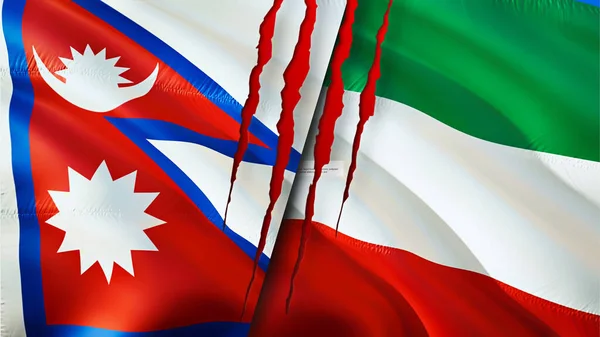 Флаги Непала Кувейта Шрамом Флажок Рендеринг Концепция Конфликта Непале Кувейте — стоковое фото