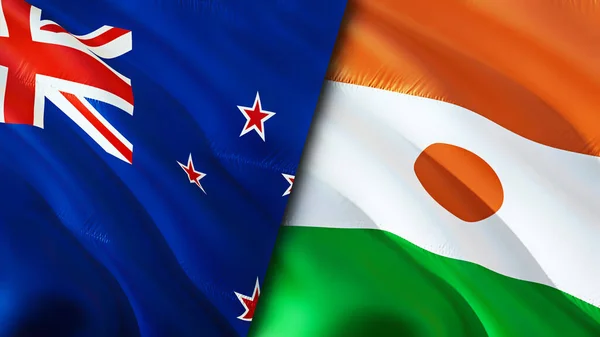 新西兰和尼日尔的国旗 3D波浪旗帜设计 新西兰国旗 新西兰对尼日尔的图像 3D渲染 新西兰与尼日尔的战争联盟概念 — 图库照片