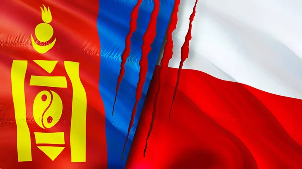 Mongolia and Poland flags with scar concept. Waving flag,3D rendering. Mongolia and Poland conflict concept. Mongolia Poland relations concept. flag of Mongolia and Poland crisis,war, attack concep