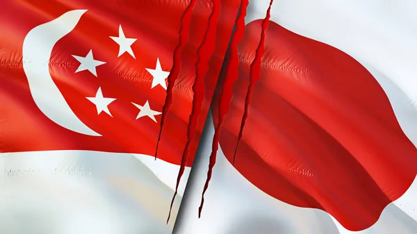 Bandeiras Singapura Japão Com Conceito Cicatriz Bandeira Ondulada Renderização Conceito — Fotografia de Stock