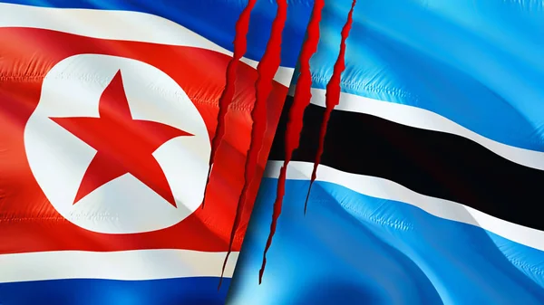 North Korea and Botswana flags with scar concept. Waving flag,3D rendering. North Korea and Botswana conflict concept. North Korea Botswana relations concept. flag of North Korea and Botswan