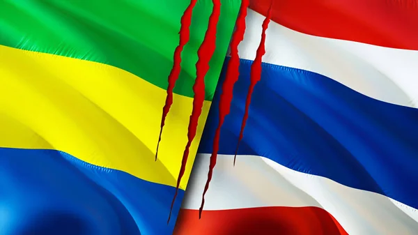 Gabon and Thailand flags with scar concept. Waving flag,3D rendering. Gabon and Thailand conflict concept. Gabon Thailand relations concept. flag of Gabon and Thailand crisis,war, attack concep