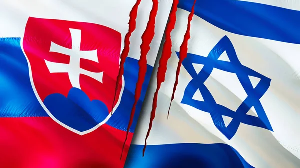 Slovakia and Israel flags with scar concept. Waving flag,3D rendering. Slovakia and Israel conflict concept. Slovakia Israel relations concept. flag of Slovakia and Israel crisis,war, attack concep