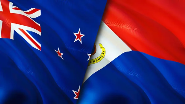 新西兰和圣马丁岛的国旗 3D波浪旗帜设计 新西兰Sint Maarten国旗 纽西兰对圣马丁岛图像 3D渲染 新西兰圣马丁岛关系Wa — 图库照片