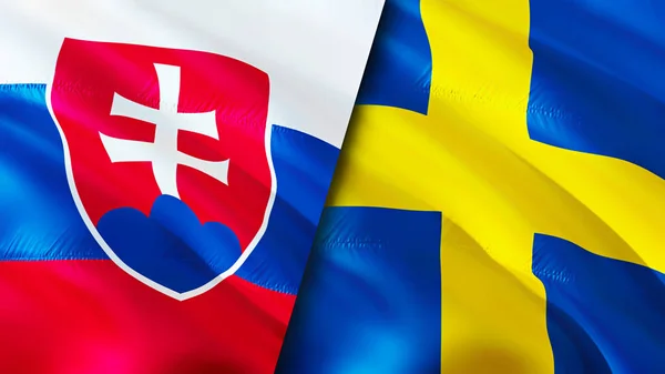 Slovakia and Sweden flags. 3D Waving flag design. Slovakia Sweden flag, picture, wallpaper. Slovakia vs Sweden image,3D rendering. Slovakia Sweden relations alliance and Trade,travel,tourism concep