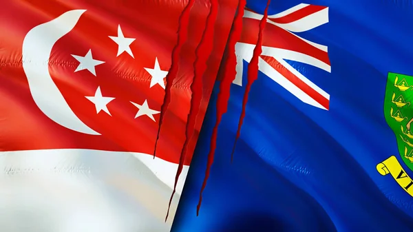 有疤痕概念的新加坡和英属维尔京群岛国旗 飘扬的旗帜 3D渲染 新加坡和英属维尔京群岛冲突概念 新加坡英属维尔京群岛关系概念 — 图库照片