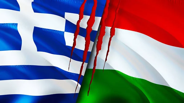 Greece and Hungary flags with scar concept. Waving flag,3D rendering. Greece and Hungary conflict concept. Greece Hungary relations concept. flag of Greece and Hungary crisis,war, attack concep