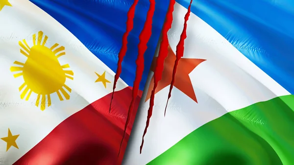 Philippines and Djibouti flags with scar concept. Waving flag,3D rendering. Philippines and Djibouti conflict concept. Philippines Djibouti relations concept. flag of Philippines and Djibout