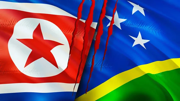 North Korea and USA Solomon Islands with scar concept. Waving flag,3D rendering. North Korea and USA conflict concept. North Korea USA relations concept. flag of North Korea and USA crisis,war