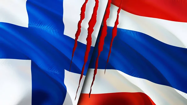 Finland and Thailand flags with scar concept. Waving flag,3D rendering. Finland and Thailand conflict concept. Finland Thailand relations concept. flag of Finland and Thailand crisis,war, attac