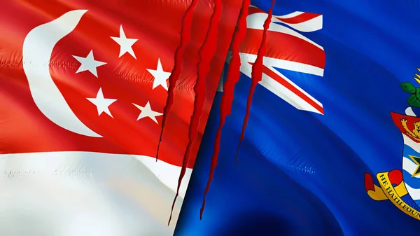 有疤痕概念的新加坡和开曼群岛国旗 飘扬的旗帜 3D渲染 新加坡和开曼群岛冲突概念 新加坡开曼群岛关系概念 新加坡国旗A — 图库照片