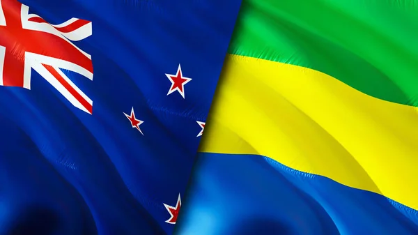 New Zealand and Gabon flags. 3D Waving flag design. New Zealand Gabon flag, picture, wallpaper. New Zealand vs Gabon image,3D rendering. New Zealand Gabon relations war alliance concept.Trade