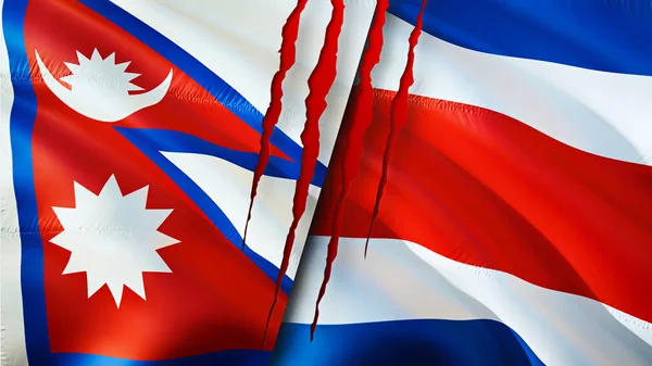 Flagi Nepalu Kostaryki Blizną Machanie Flagą Renderowanie Koncepcja Konfliktu Nepalu — Zdjęcie stockowe