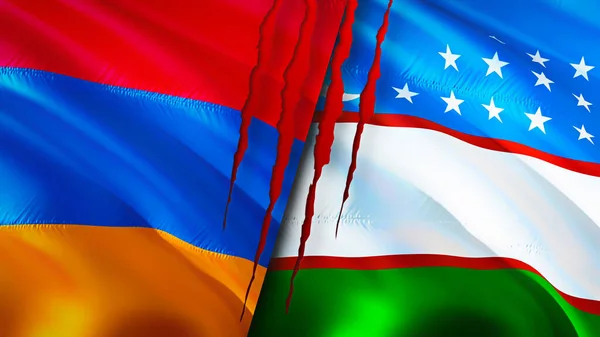 Armenia Uzbekistan Flags Scar Concept Waving Flag Rendering Armenia Uzbekistan — Stock Photo, Image