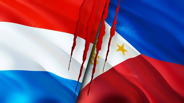Luxembourg and Philippines flags with scar concept. Waving flag,3D rendering. Luxembourg and Philippines conflict concept. Luxembourg Philippines relations concept. flag of Luxembourg an