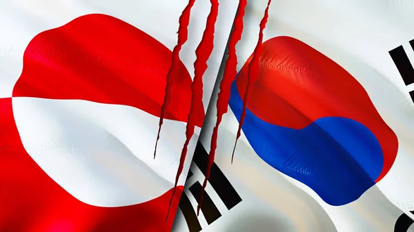 Greenland South Korea Flags Scar Concept Waving Flag Rendering Greenland — Stock Photo, Image