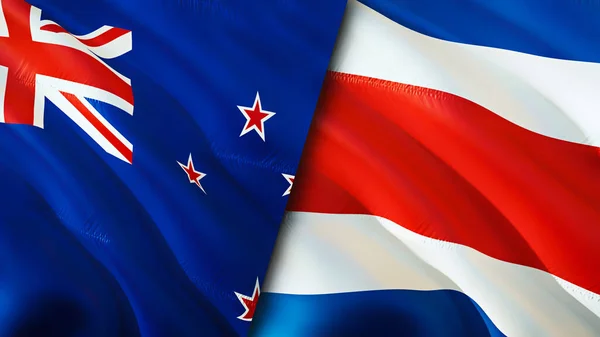 新西兰和哥斯达黎加的国旗 3D波浪旗帜设计 新西兰哥斯达黎加国旗 新西兰对哥斯达黎加的图像 3D渲染 新西兰哥斯达黎加与东盟的关系 — 图库照片