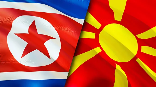 North Korea and North Macedonia flags. 3D Waving flag design. North Korea North Macedonia flag, picture, wallpaper. North Korea vs North Macedonia image,3D rendering. North Korea North Macedoni