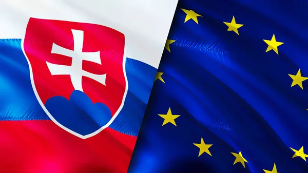 Slovakia and European Union flags. 3D Waving flag design. Slovakia European Union flag, picture, wallpaper. Slovakia vs European Union image,3D rendering. Slovakia European Union relations allianc