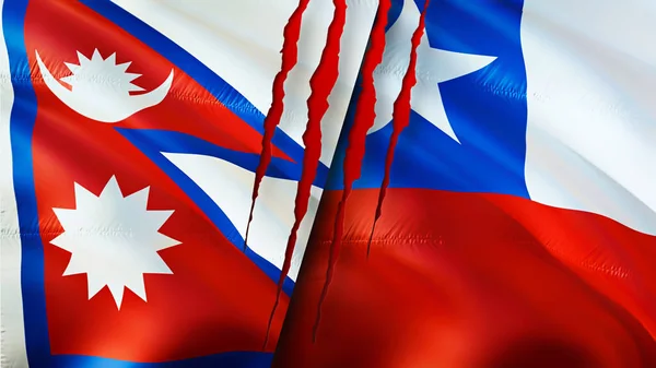 Bandeiras Nepal Chile Com Conceito Cicatriz Bandeira Ondulada Renderização Conceito — Fotografia de Stock