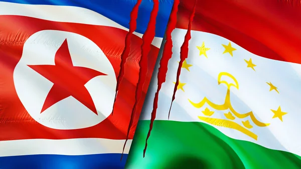 North Korea and Tajikistan flags with scar concept. Waving flag,3D rendering. North Korea and Tajikistan conflict concept. North Korea Tajikistan relations concept. flag of North Korea an