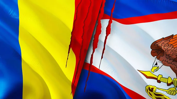 Romania and American Samoa flags with scar concept. Waving flag,3D rendering. Romania and American Samoa conflict concept. Romania American Samoa relations concept. flag of Romania and America