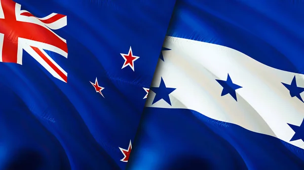 新西兰和洪都拉斯的国旗 3D波浪旗帜设计 新西兰洪都拉斯国旗 新西兰对洪都拉斯的图像 3D渲染 新西兰洪都拉斯战争联盟C — 图库照片
