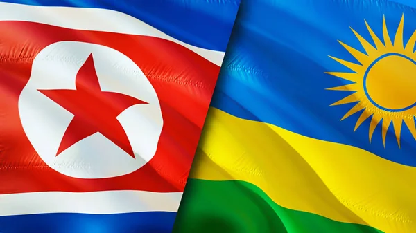 North Korea and Rwanda flags. 3D Waving flag design. North Korea Rwanda flag, picture, wallpaper. North Korea vs Rwanda image,3D rendering. North Korea Rwanda relations alliance an