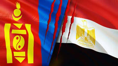 Yara izi olan Moğolistan ve Mısır bayrakları. Dalgalanan bayrak, 3 boyutlu görüntüleme. Moğolistan ve Mısır çatışma konsepti. Moğolistan Mısır ilişkileri kavramı. Moğolistan bayrağı ve Mısır krizi, savaş, saldırı konsepti