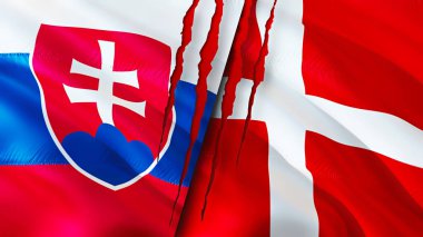 Slovakya ve Danimarka bayraklarında yara izi var. Dalgalanan bayrak, 3 boyutlu görüntüleme. Slovakya ve Danimarka çatışma konsepti. Slovakya Danimarka ilişkileri kavramı. Slovakya ve Danimarka bayrağı krizi, savaş, attac